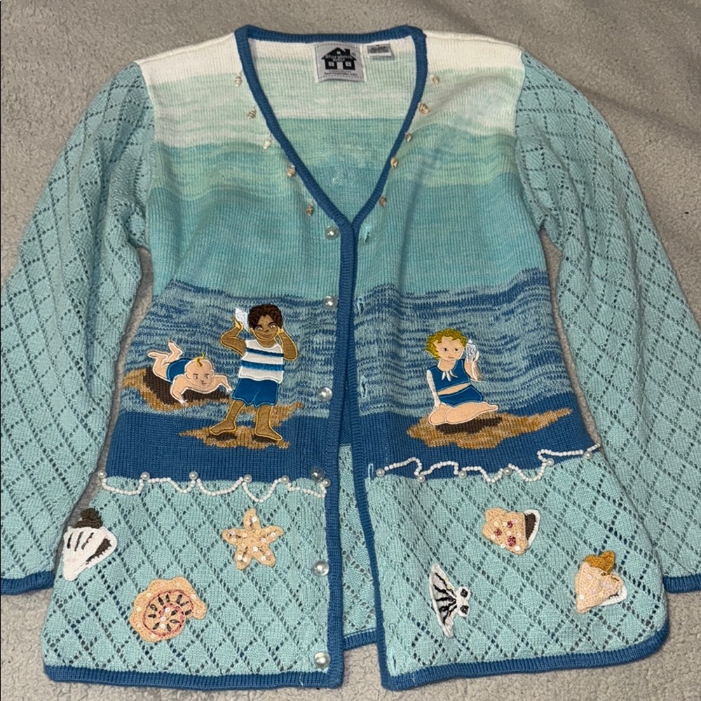 Storybook Knits Blue and White Beach Scene Sweater